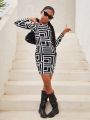 SHEIN Tween Girls' Stylish And Elegant Knitted Geometric Pattern Round Neck Long Sleeve Dress