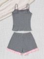 SHEIN Teenage Girls' Color Block Cami Top With Ruffle Hem & Shorts Sleepwear Set