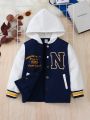 SHEIN Kids Academe Young Boy Letter Graphic Striped Trim Colorblock Hooded Coat