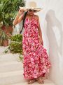 SHEIN Kids Cooltwn Girls' Floral Print Maxi Dress With Shoulder Straps For Casual & Vacation