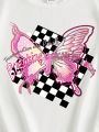 Teen Girls' Casual Butterfly, Checkerboard, And Letter Printed Short Sleeve T-Shirt