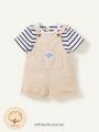 Cozy Cub Baby Boy Blue & White Striped Round Neck Short Sleeve Top With Suspenders Shorts 2pcs Outfit