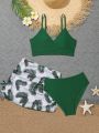 Teenage Girls' Halter Neck Wrap Bikini Swimsuit Set And Tropical Print Beach Skirt
