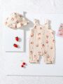 SHEIN 2pcs/Set Baby Girls' Cute Cartoon Strawberry Printed Sleeveless Romper With Headband, Summer