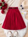 SHEIN Kids Nujoom Little Girls' Fashionable Paper Bag Waist Pleated Skirt With Belt