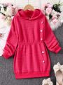 Girls' Long Sleeve Hooded Dress With Button Decoration