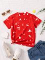SHEIN Kids EVRYDAY Girls' Casual Comfortable Romantic Heart Print T-Shirt
