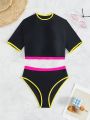 Teen Girls' Short Sleeve Rash Guard Swimsuit Set With Contrast Piping