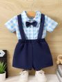 SHEIN Baby Boys' Cute Suspenders Shorts And Checked Butterfly Bowtie Shirt