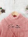 SHEIN Kids QTFun Girls' Knitted Solid Color Plush Letter Embroidered Stand Collar One-piece Dress With Matching Crossbody Bag