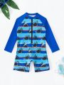 Baby Boys' Long Sleeve One-Piece Swimsuit With Random Print, Summer Beach Sun Protective Swimwear