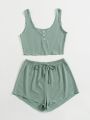 Button Ribbed Tank Top With Knot Shorts Set