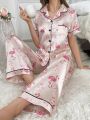 Silk-Like Flamingo & Heart Print Collared Pajama Set