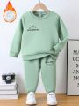 SHEIN Kids Cooltwn 2pcs/set Toddler Boys' Casual Simple Letter Printed Long Sleeve Sweatshirt And Solid Color Pants Fall Outfit