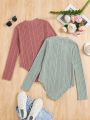 SHEIN Kids EVRYDAY Tween Girls' Knitted Solid Color Stand Collar One-Piece Bodysuit Set For Casual, 2pcs