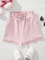 SHEIN Kids CHARMNG Tween Girls' Lace Trim Decorated Ruffle Waistband Shorts
