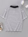 SHEIN Kids EVRYDAY Tween Boys' Loose Fit Casual Striped Color Block Polo Shirt With Slogan & Face Print