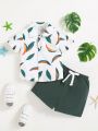 SHEIN Baby Boy Casual Short Sleeve Leaf Pattern Shirt And Elastic Waist Shorts Set