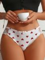 Heart Print Contrast Lace Bow Front Panty
