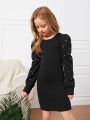 SHEIN Kids FANZEY Girls Pearls Beaded Puff Sleeve Form Fitted Dress