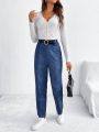 SHEIN Frenchy Women'S Cutout Embroidery Panel Contrast Color Jumpsuit Without Belt