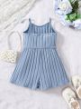 SHEIN Kids EVRYDAY Young Girl Knit Solid Color Spaghetti Straps & Woven Label, Casual Romper