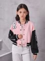 SHEIN Kids Y2Kool Girls' Casual Knitted Patchwork Collarless Baseball Jacket Outerwear For Autumn And Winter