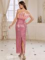 SHEIN Belle Shiny Sequin Patchwork Pleated Mesh Backless Strapless Evening Dress For Women (heavy Model)
