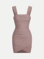 Teen Girl's Solid Color Mesh Pleated Wrapped Cami Dress