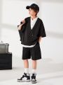SHEIN Kids KDOMO Tween Boys' Casual Korean Style Loose Fit Long Sleeve Cardigan Jacket, Clean Color Shorts, Lapel Collar Short Sleeve Woven Shirt Set