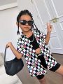 SHEIN Kids Cooltwn Little Girls' Fashionable Flower & Checker Print Loose Short Sleeve Blouse
