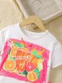 SHEIN Kids EVRYDAY Young Girl Summer Juice Printed Short Sleeve Top And Mesh Skirt Two Piece Set