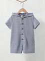 SHEIN Kids Academe Young Boy Academic Plaid Hooded Jumpsuit With Shorts