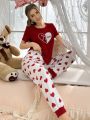 Women'S Heart Print Short Sleeve Tee And Long Pants Pajama Set