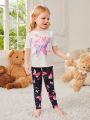 Little Girls' Butterfly Pattern Short Sleeve Top And Leggings Set, Home Wear