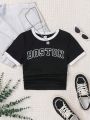 SHEIN Female Teenagers' Knitted Color Block Letter Pattern Gathered T-shirt
