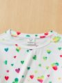 SHEIN Teen Girls' Knit Love Heart Pattern T-Shirt And Pants Home Wear Set