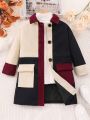 Tween Girl 1pc Color Block Flap Pocket Overcoat
