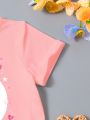 SHEIN 3pcs Toddler Girls' Cartoon Print Round Neck Short Sleeve T-Shirt