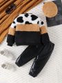 3pcs/set Fashionable Baby Girls' Plush Patchwork Hooded Coat And Pants Outfits With Matching Hat For Autumn/winter