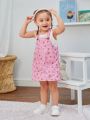 Baby Girl's Spring Summer Cute Bear Print Denim Overall Skirt With Sleeveless Top