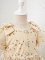 SHEIN Kids FANZEY Little Girls' Star Pattern Puff Sleeve Dress With Gold Foil Print