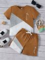 SHEIN Kids SPRTY Toddler Boys' Casual Color Block Letter Printed Short Sleeve T-Shirt And Shorts Set