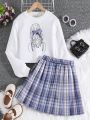 Teen Girls' Cartoon Character Print Top And Plaid Skirt Set