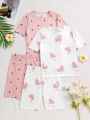 SHEIN 4pcs/Set Tween Girls' Polka Dot & Heart Print Round Neck Short Sleeve T-Shirt And Knit Shorts Cozy Homewear