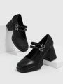 Everyday Collection Buckle Decor Chunky Heeled Mary Jane Pumps