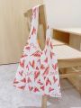 Pamile All-over Printed Heart & Floral Pattern Portable Canvas Tote Bag With Large Capacity