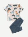 SHEIN Kids QTFun Young Boys' Dinosaur Pattern Short Sleeve T-Shirt And Letter Pattern Casual Pants 2pcs/Set