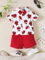 2pcs Baby Boys' Gentleman Style Flower Patterned Short Sleeve Top With Bow Tie And Shorts Set, Spring/Summer