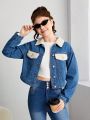 SHEIN Teen Girl Contrast Collar Flap Detail Denim Jacket